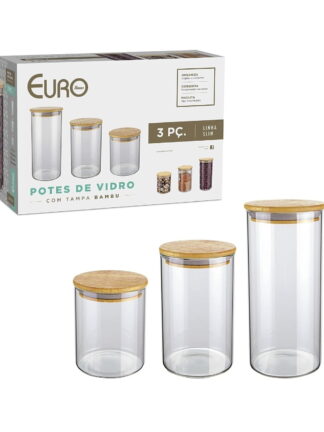 Conjunto com 3 Potes de Vidro transparente Slim com tampa Bambu, VDR6804-3, Euro Home