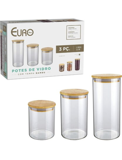 Conjunto com 3 Potes de Vidro transparente Slim com tampa Bambu, VDR6804-3, Euro Home