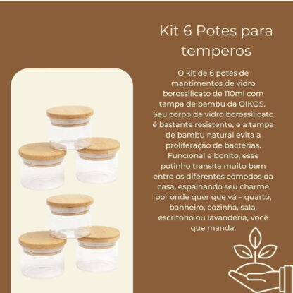 OIKOS - kit de 6 potes de tempero de 110ML com tampa de bambu - Imagem 2