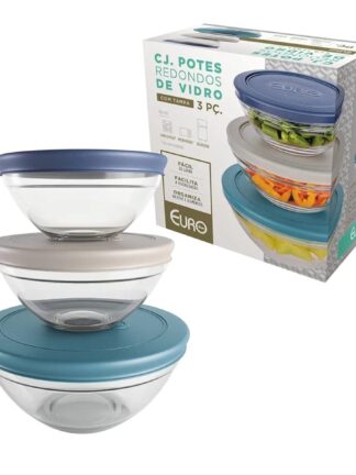 Conjunto com 3 Potes de Vidro Redondos com Tampa Plástica coloridas, VDR7093-CO, Euro Home