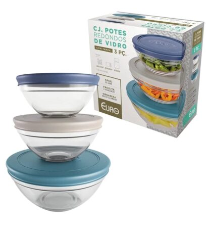 Conjunto com 3 Potes de Vidro Redondos com Tampa Plástica coloridas, VDR7093-CO, Euro Home