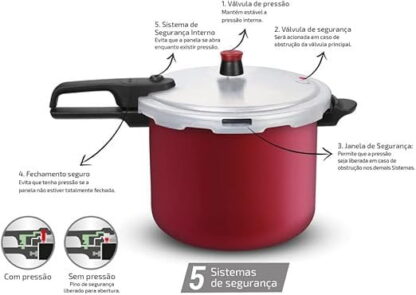 Panela de Pressão 7,6L Rochedo Segura Vermelha Fechamento Externo - Imagem 2