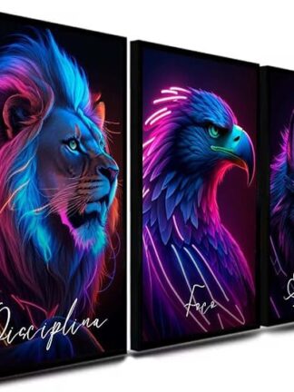 Kit 3 Quadro Decorativo Disciplina Execução Foco Leão Lobo Águia