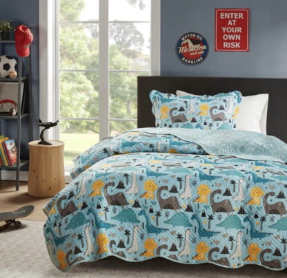 Kit Colcha Cobre Leito Infantil Estampado Solteiro 2 Peças (Dinossauro)