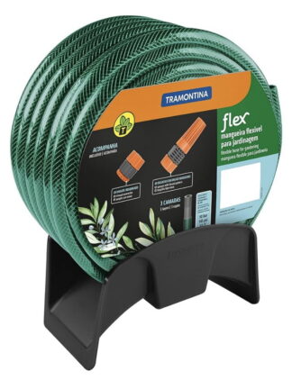 Mangueira Flex Para Jardim, 15 M, Com Esgates Rosqueados, Esguicho E Suporte Mural