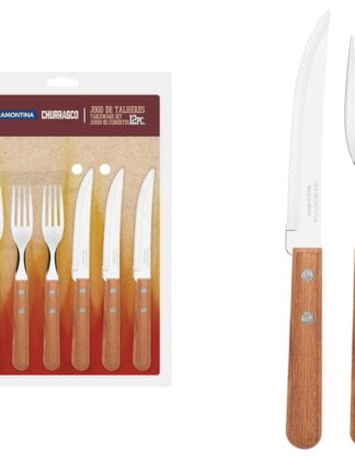 JOGO DE TALHERES PARA CHURRASCO DYNAMIC SORTIDOS COM LAMINAS DE ACO INOX E CABOS DE MADEIRA - 12 PEÇAS