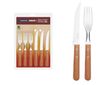 JOGO DE TALHERES PARA CHURRASCO DYNAMIC SORTIDOS COM LAMINAS DE ACO INOX E CABOS DE MADEIRA - 12 PEÇAS