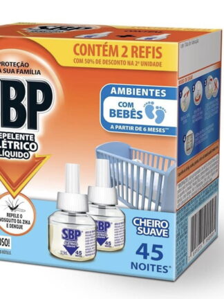 Repelente Elétrico Líquido SBP 45 Noites Cheiro Suave com 2 unidades de 32.9ml