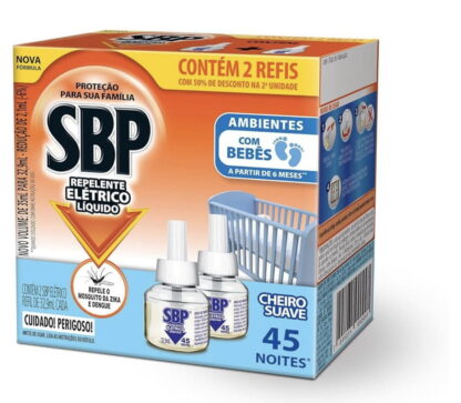 Repelente Elétrico Líquido SBP 45 Noites Cheiro Suave com 2 unidades de 32.9ml