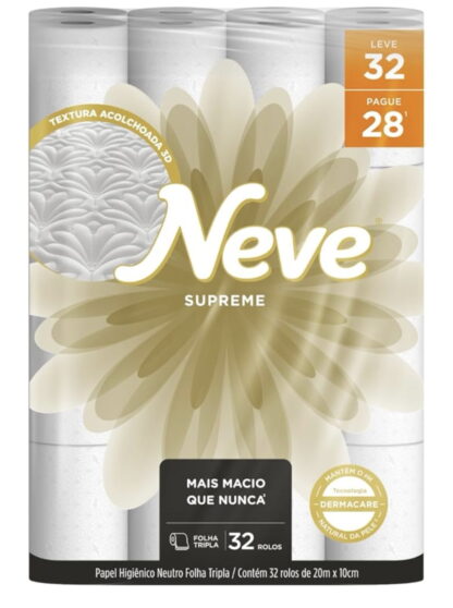 Neve Papel Higiênico Supreme Folha Tripla, 20m, Leve 32 Pague 28 Rolos