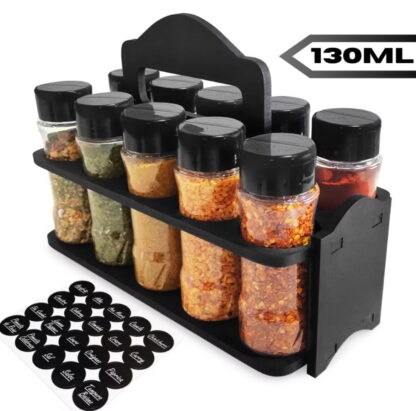 ￼Porta Tempero com Alça e 10 Potes P/ Temperos e Especiarias 130ml Tampa Dosadora Dupla para Cozinha