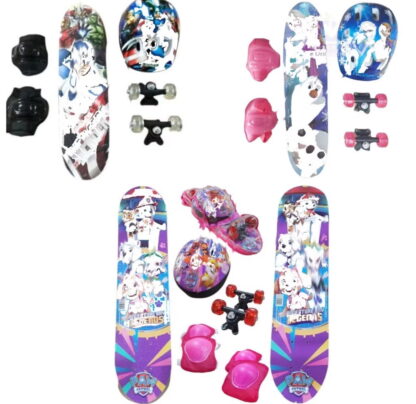 ￼Skate Infantil Radical Antiderrapante  Vários Personagens luz Com Kit Segurança Menino e Menina 60CM