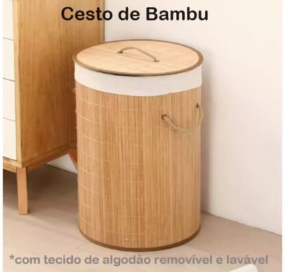 ￼Cesto De Roupas Bambu / Tecido Retangular Redondo Banheiro Lavanderia Organização