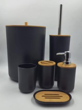 Kit Banheiro Luxo Conjunto Lixeira Porta Escova Sanitária 6 Peças Tampa Bambu