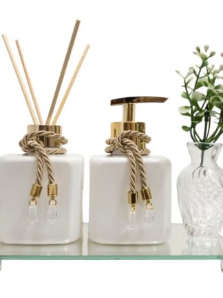 Kit Aromatizador e Saboneteira Pet Branco 300ml Com Bandeja Espelhada e Vaso Decorativo Lavabo