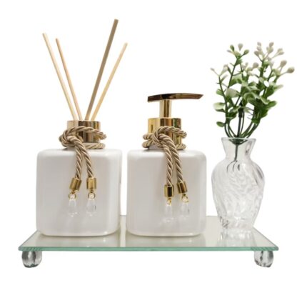 Kit Aromatizador e Saboneteira Pet Branco 300ml Com Bandeja Espelhada e Vaso Decorativo Lavabo