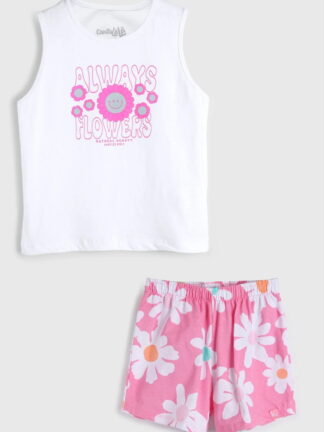Conjunto 2pçs Manga Curta Kamylus Regata E Short Branca/Rosa