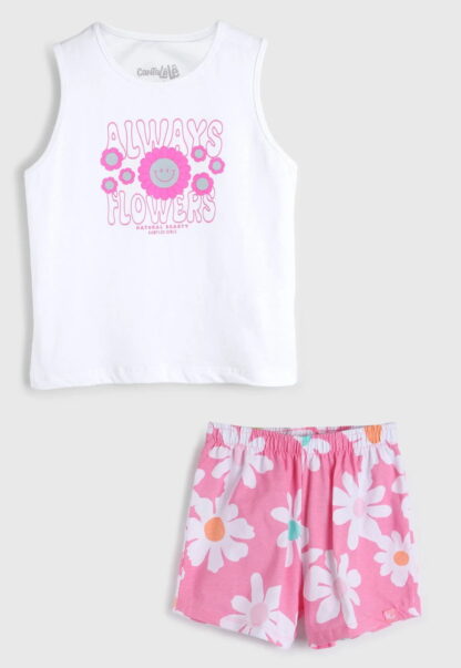 Conjunto 2pçs Manga Curta Kamylus Regata E Short Branca/Rosa
