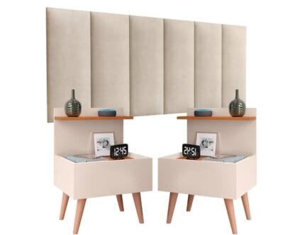 Kit completo para Quarto Casal Cabeceira Julia 1.40 Padrão com Mesas de Cabeceira