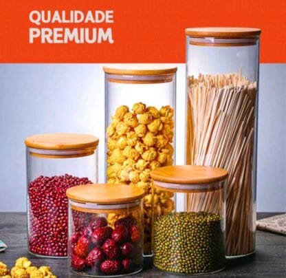 Porta Mantimento De Vidro Herméticos - Kit Com 5-Tampa De Bambu - Mazzal