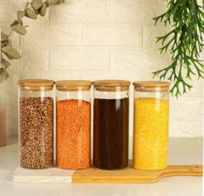 Conjunto de Potes de Vidro 400ml Tampa em Bambu 5pcs