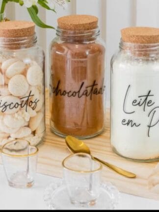 Kit Cantinho do Café - Achocolatado, Leite em Pó e Biscoitos | 3 potes de Vidro 810ml com Tampa Rolha