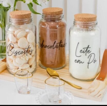 Kit Cantinho do Café - Achocolatado, Leite em Pó e Biscoitos | 3 potes de Vidro 810ml com Tampa Rolha
