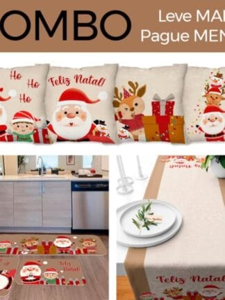 COMBO DE NATAL IMPERDÍVEL: KIT 04 CAPAS DE
ALMOFADAS PAPAI NOEL + KIT 3 TAPTES DE COZINHA
FELIZ NATAL + TRILHO DE MESA NATALINO