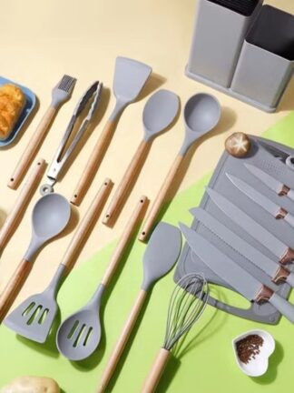 Kit Completo Jogo Utensílios de Cozinha Luxo 19 Peças Com Tábua em Silicone Espátula Faca Tesoura