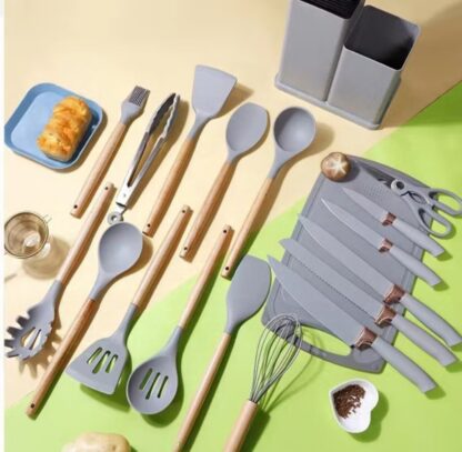 Kit Completo Jogo Utensílios de Cozinha Luxo 19 Peças Com Tábua em Silicone Espátula Faca Tesoura