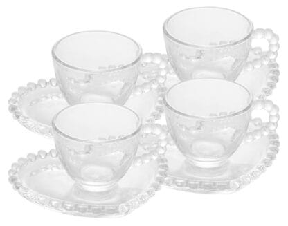 Wolff Coração Pearl Conjunto de Xícaras para Café com Pires de Cristal 4 Peças, Transparente, 85 ml