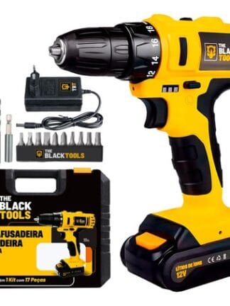 Parafusadeira E Furadeira Sem Fio Bateria 12v Bivolt 3/8 10mm Com Maleta E Acessorios The Black Tools