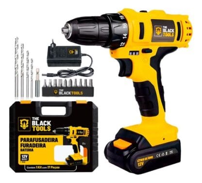 Parafusadeira E Furadeira Sem Fio Bateria 12v Bivolt 3/8 10mm Com Maleta E Acessorios The Black Tools