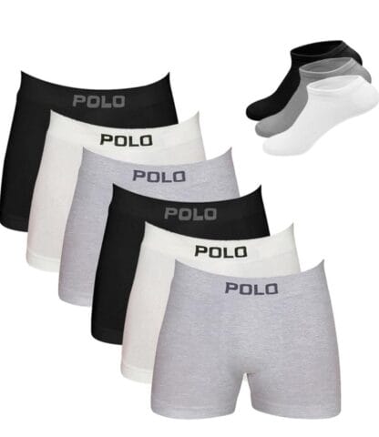 Kit 6 Cuecas Boxer Algodao Polo 781 e 3 Pares Meia M4 Premium
