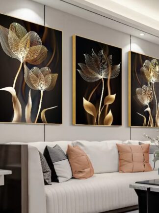Quadro decorativo 3 peças 40x60 3mm Abstrato preto flor dourada decoração para casa sala quarto