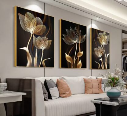 ￼Quadro decorativo 3 peças 40x60 3mm Abstrato preto flor dourada decoração para casa sala quarto