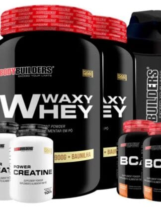 Kit 2x Whey Protein Waxy Whey Pote 900g + 2x BCAA 100g Tangerina + 2x Power Creatina 100g + Coqueteleira 600ml- Bodybuilders