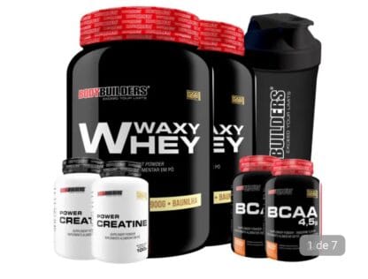 Kit 2x Whey Protein Waxy Whey Pote 900g + 2x BCAA 100g Tangerina + 2x Power Creatina 100g + Coqueteleira 600ml- Bodybuilders