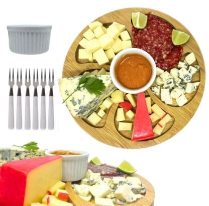 ￼Kit Petisqueira Redonda Para Frios Queijo Com Molheira Ramekin e Garfinhos para Petiscos