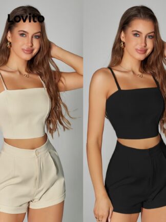 Lovito Casual Conjunto Feminino Liso de Shorts com Zíper LBA05188 (Damasco)