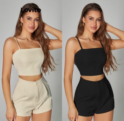 ￼Lovito Casual Conjunto Feminino Liso de Shorts com Zíper LBA05188 (Damasco)