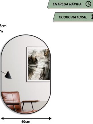 Espelho decorativo oval com bordas de couro+suporte