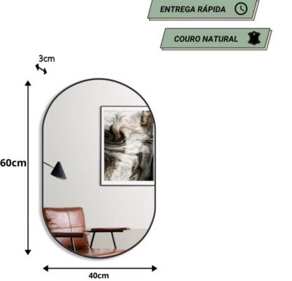 Espelho decorativo oval com bordas de couro+suporte
