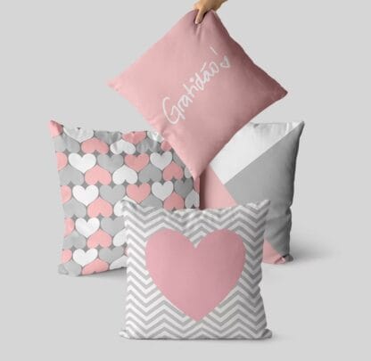 ￼kit 4 capas de almofada GRATIdÃO rosa e cinza