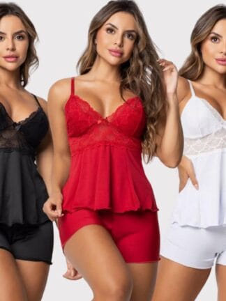 Baby Doll Sexy Kit 3 Pijama Feminino Short Doll Feminino Detalhe de Renda Luxo