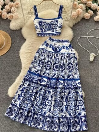 Moda Feminina Elegante Fatos De Estamparia De Verão Tops De Tanque + Cintura Alta Midi Pleat Half Dress Two Piece Sets