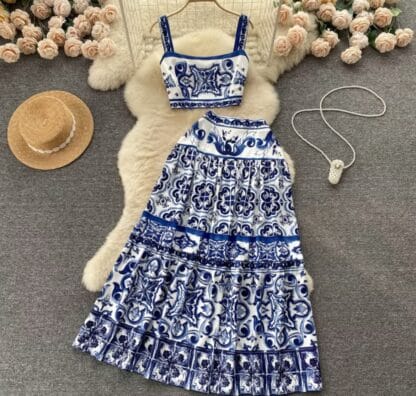 ￼Moda Feminina Elegante Fatos De Estamparia De Verão Tops De Tanque + Cintura Alta Midi Pleat Half Dress Two Piece Sets