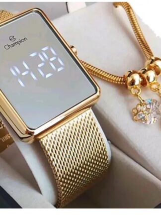 Relógio Feminino Champion Led Original Dourado Espelhado CH40080B