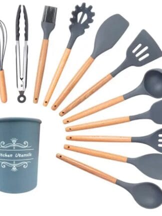 Kit 12 Utensílios de Cozinha Silicone Cabo de Madeira Varias Cores 026