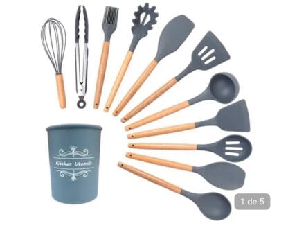 Kit 12 Utensílios de Cozinha Silicone Cabo de Madeira Varias Cores 026